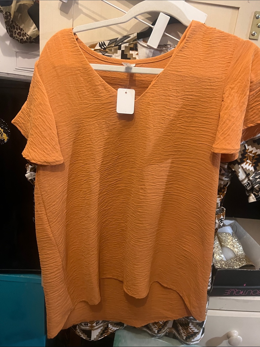 Relaxed V-Neck Textured Blouse in Burnt Orange